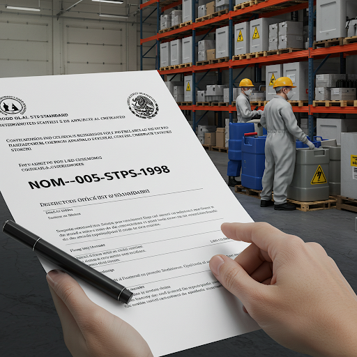 Personal capacitado manejando sustancias químicas peligrosas con EPP, cumpliendo la NOM-005-STPS-1998. Cursos avalados por la STPS en transporte, almacenamiento y seguridad química.